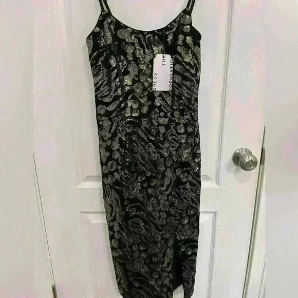 Dress the Population Zahra Sequin Slit Midi Dress Black Gold S new formal - Picture 4 of 7